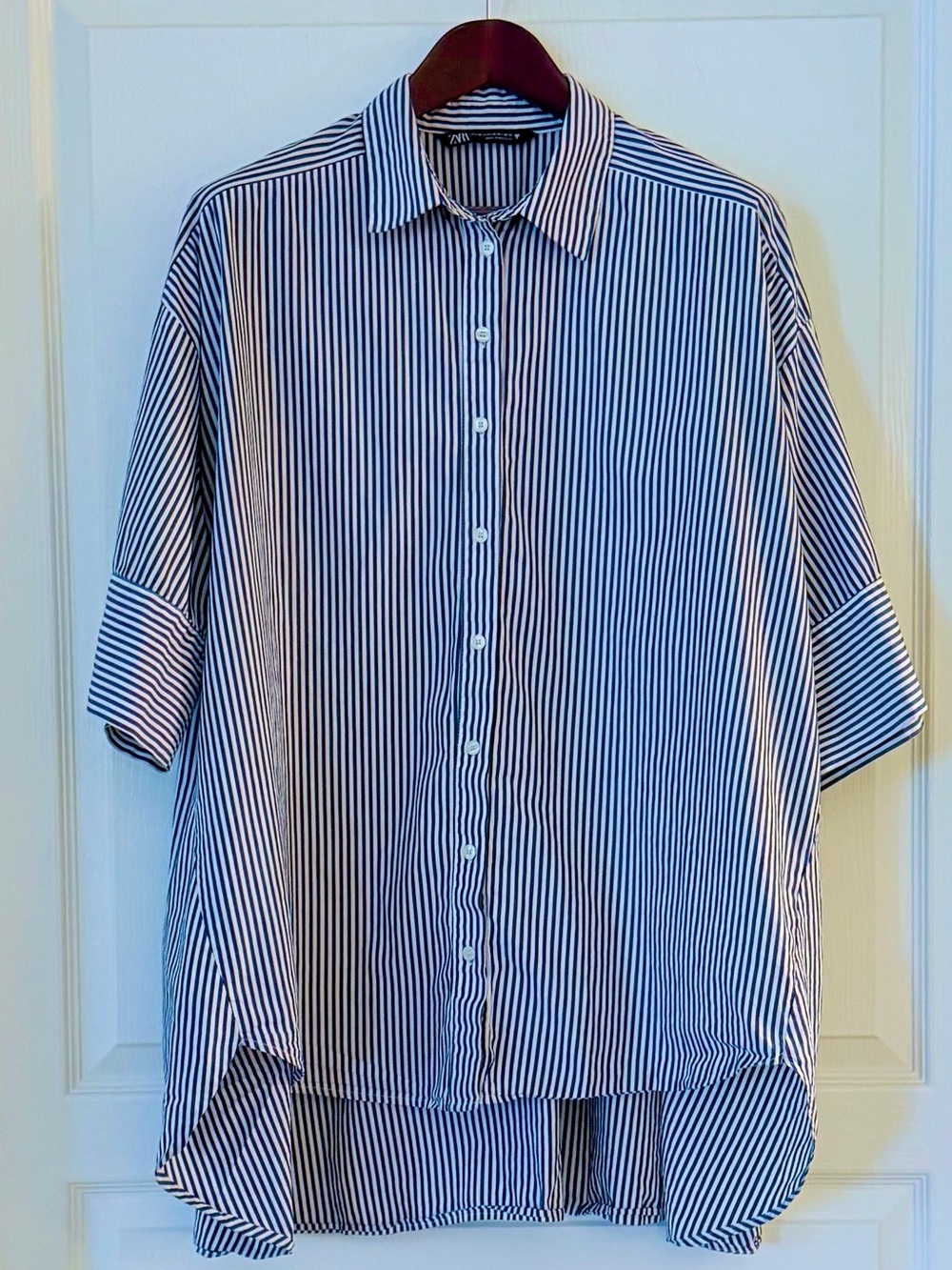 Zara Blue and White Striped Tunic Shirt